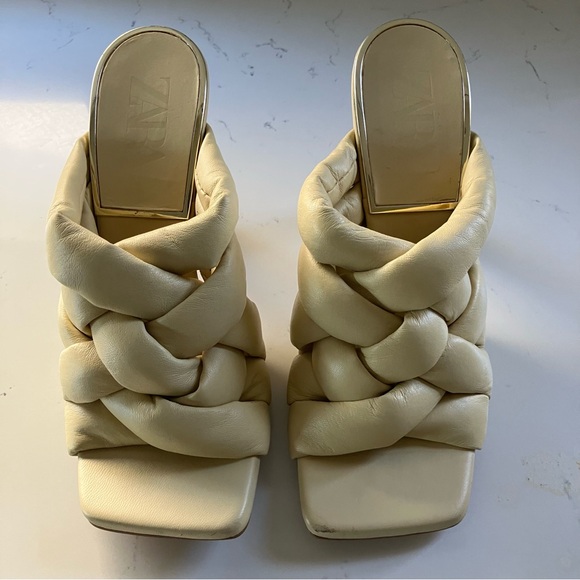 Zara Quilted Braided Leather Heeled Mules Vanilla Yellow US 6.5 EU 37 UK 4.5 - Picture 3 of 11